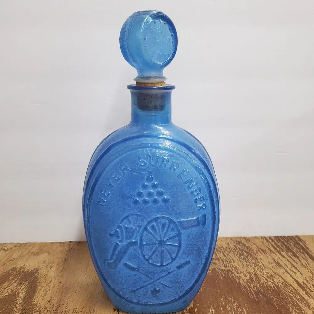1970 Ezra Brooks Never Surrender Blue Glass Whiskey Bourbon Decanter Bottle